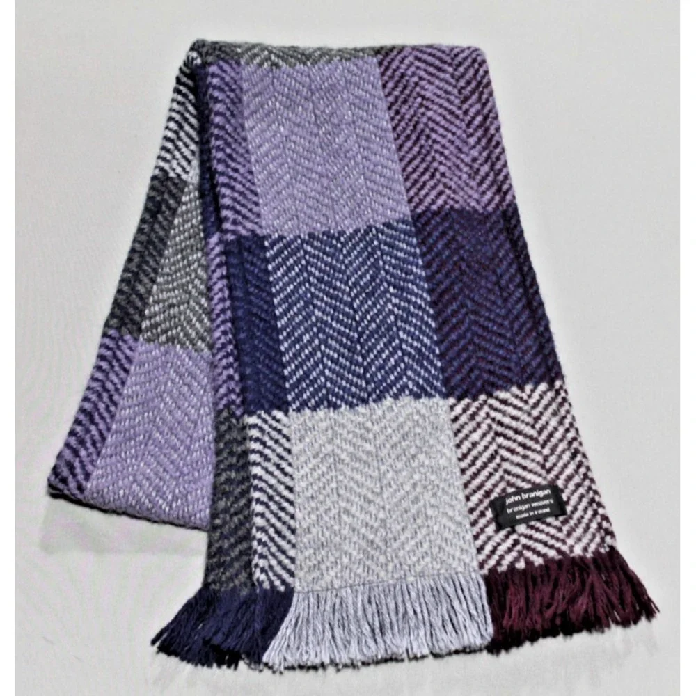 John Branigan Wool Scarf Made in Ireland Plaid Fringe Purple Gray Burgundy